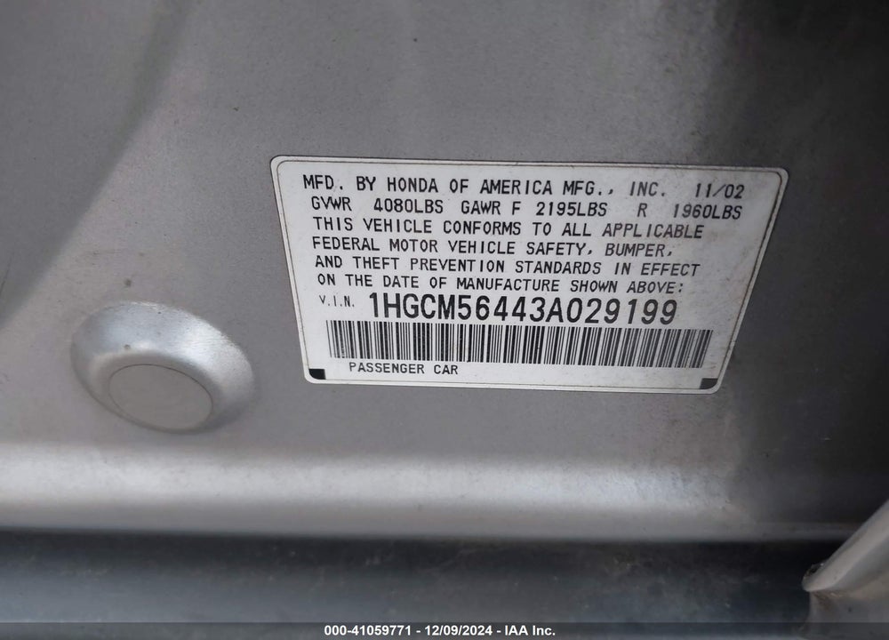 2003 HONDA ACCORD 2.4 LX VIN: 1HGCM56443A029199