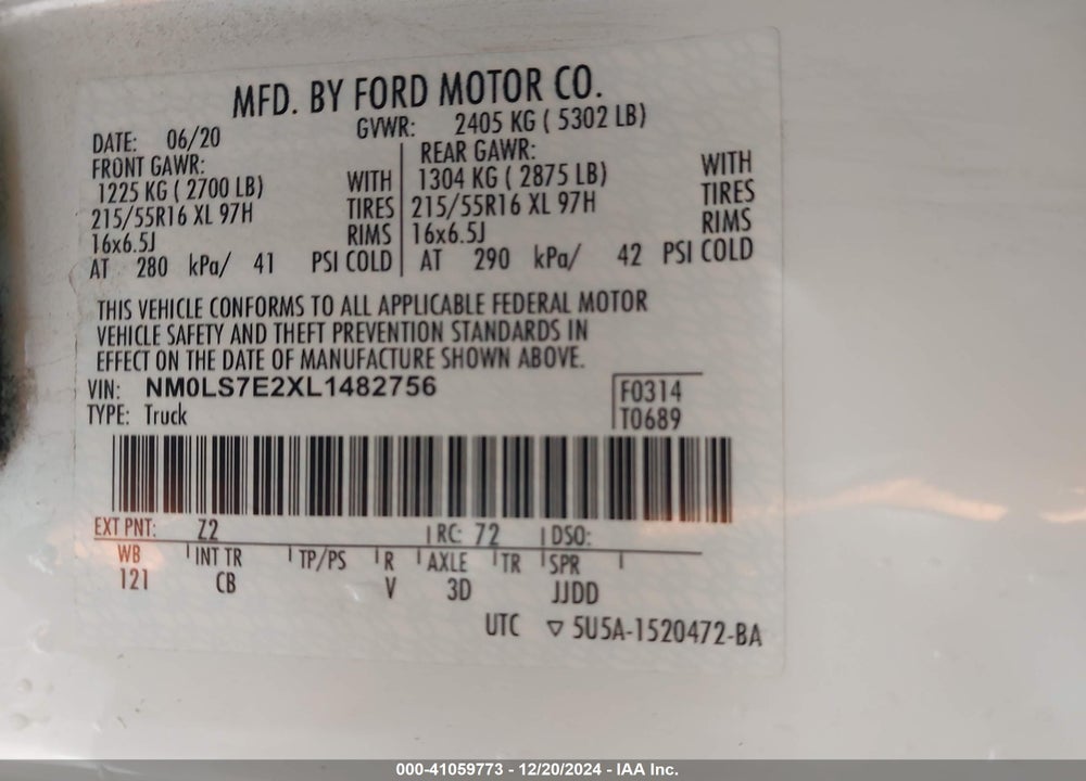 2020 FORD TRANSIT CONNECT XL VIN: NM0LS7E2XL1482756