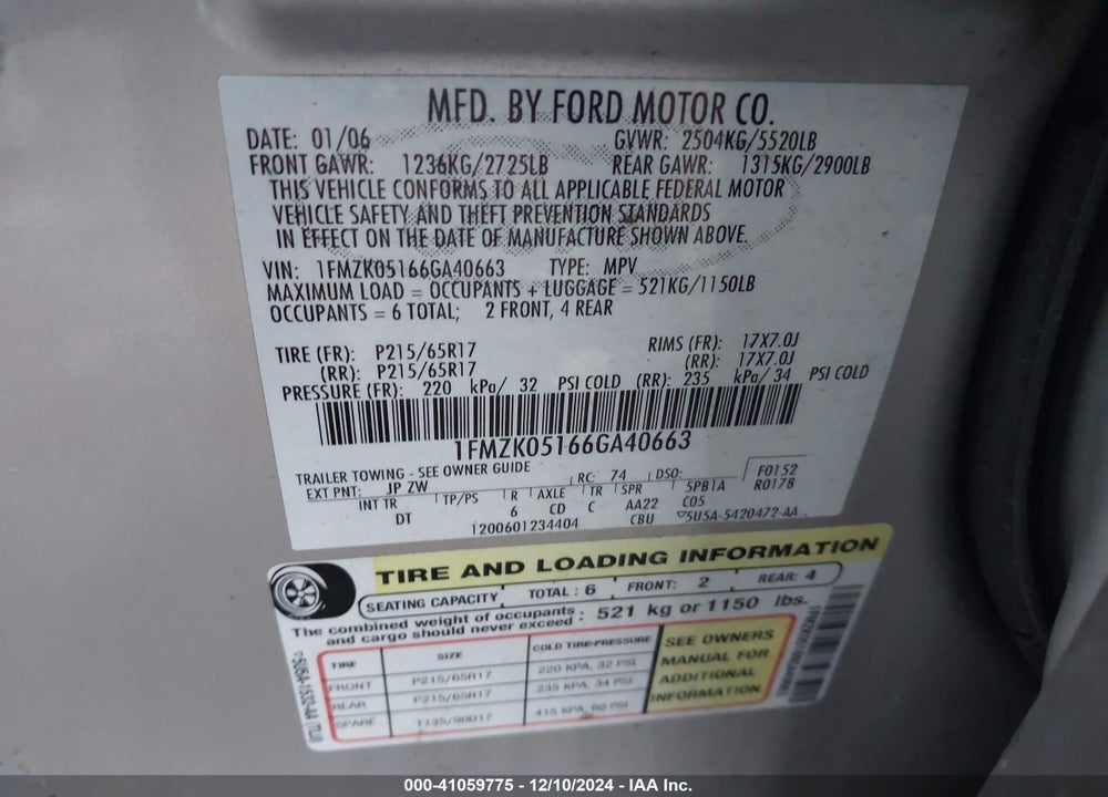 2006 FORD FREESTYLE SEL VIN: 1FMZK05166GA40663