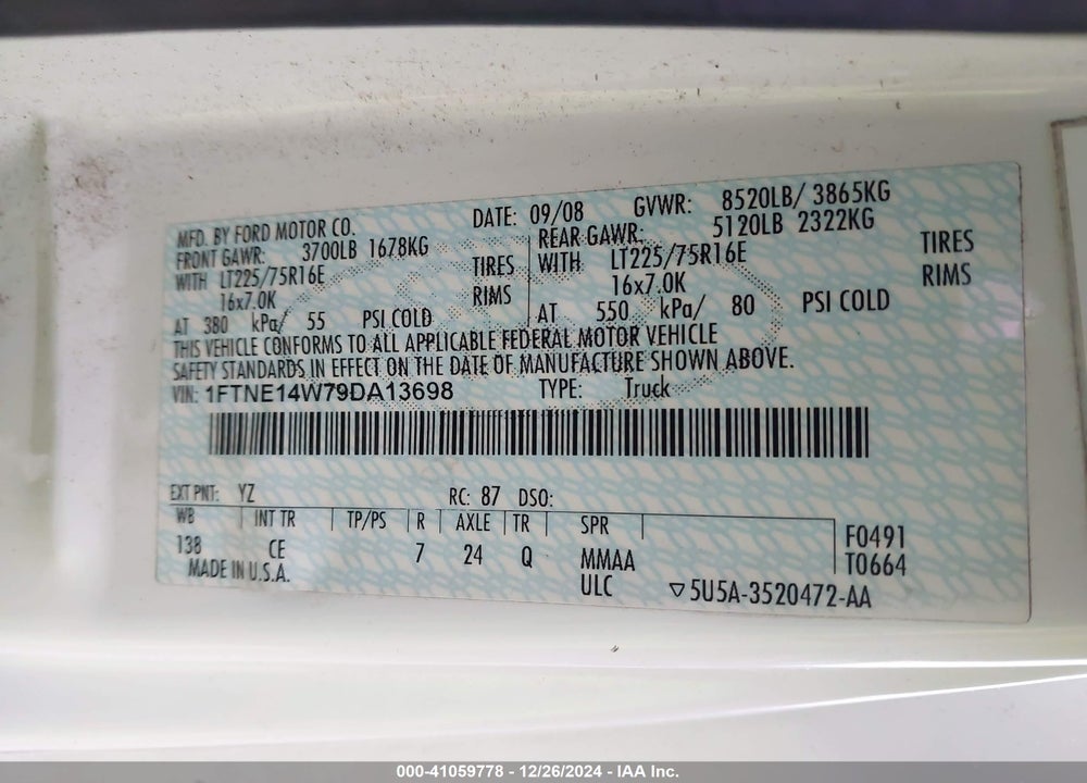 2009 FORD E-150 COMMERCIAL/RECREATIONAL VIN: 1FTNE14W79DA13698