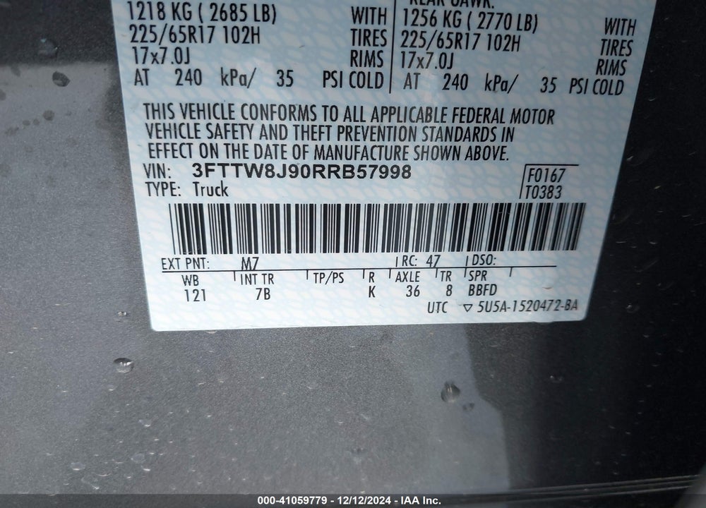 2024 FORD MAVERICK XLT VIN: 3FTTW8J90RRB57998