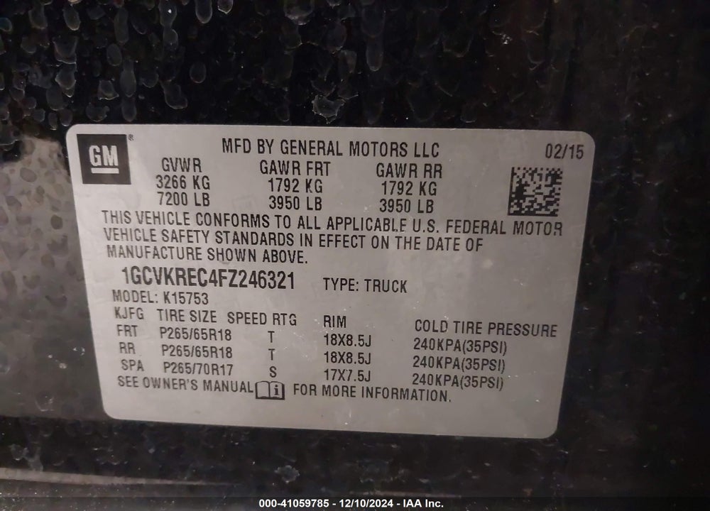 2015 CHEVROLET SILVERADO 1500 1LT VIN: 1GCVKREC4FZ246321