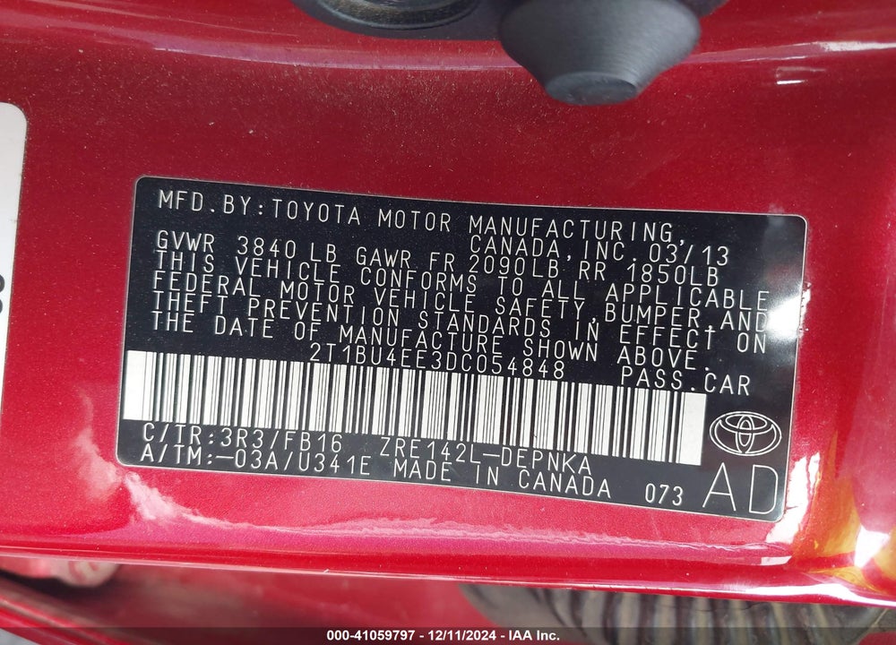2013 TOYOTA COROLLA LE VIN: 2T1BU4EE3DC054848