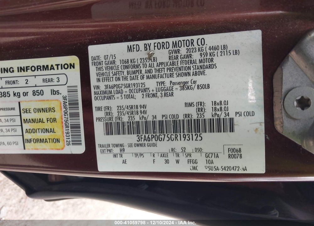 2016 FORD FUSION S VIN: 3FA6P0G75GR193125