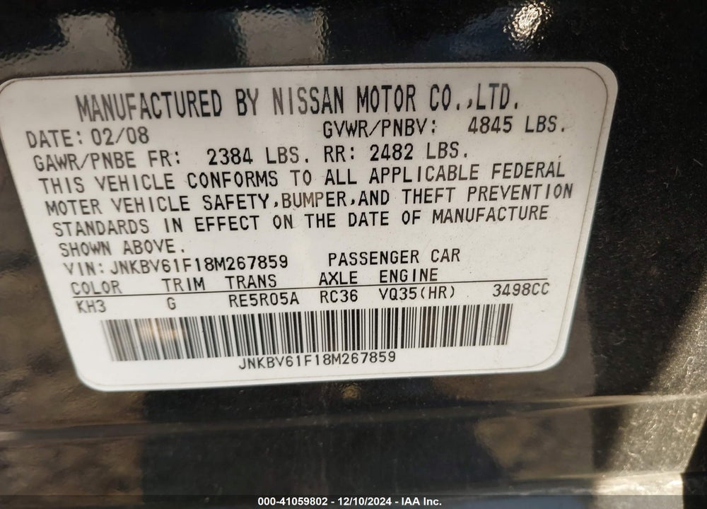 2008 INFINITI G35X VIN: JNKBV61F18M267859