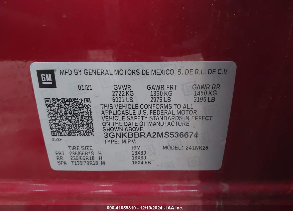 2021 CHEVROLET BLAZER FWD 1LT VIN: 3GNKBBRA2MS536674