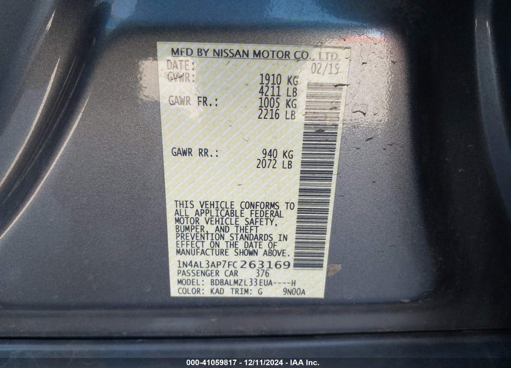 2015 NISSAN ALTIMA 2.5 SV VIN: 1N4AL3AP7FC263169