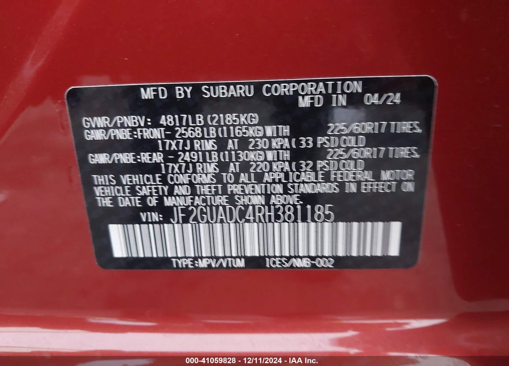 2024 SUBARU CROSSTREK PREMIUM VIN: JF2GUADC4RH381185