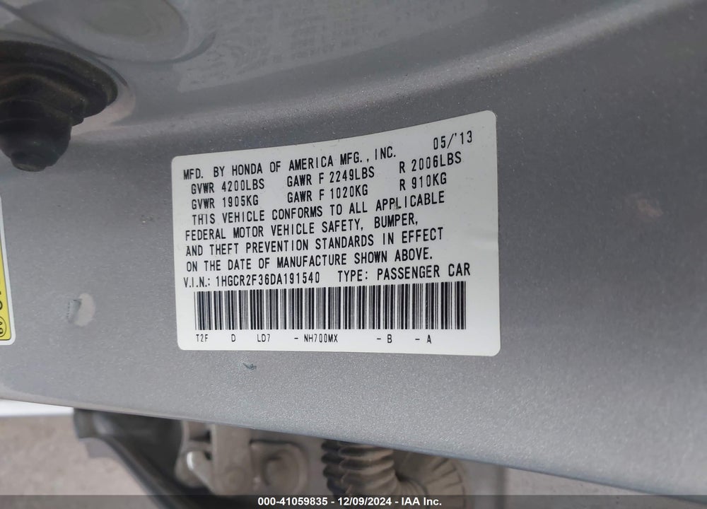2013 HONDA ACCORD LX VIN: 1HGCR2F36DA191540