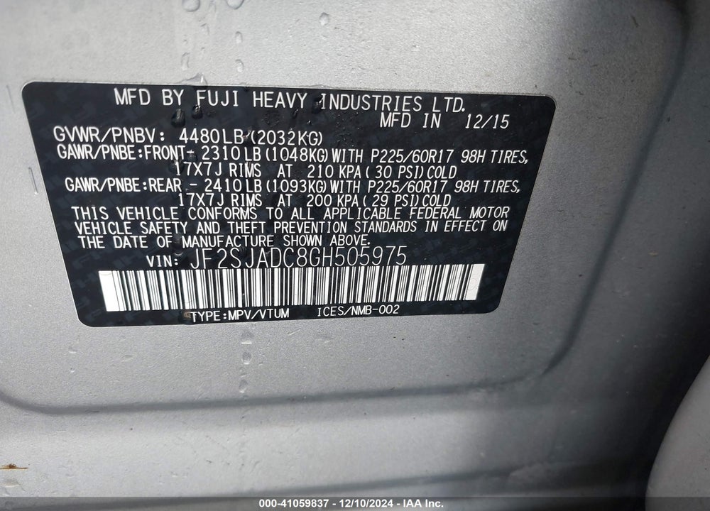 2016 SUBARU FORESTER 2.5I PREMIUM VIN: JF2SJADC8GH505975