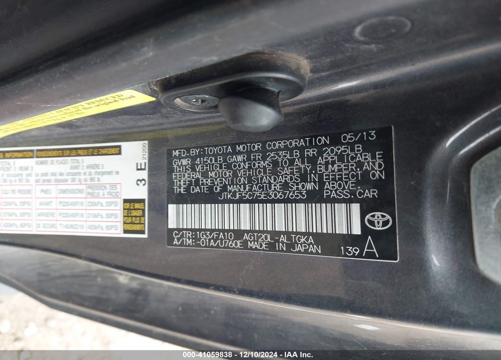 2014 TOYOTA SCION TC VIN: JTKJF5C75E3067653