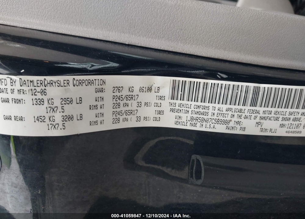 2007 JEEP GRAND CHEROKEE LIMITED VIN: 1J8HR58N07C589980