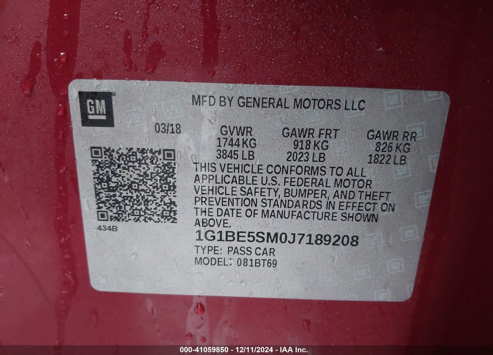 2018 CHEVROLET CRUZE LT AUTO VIN: 1G1BE5SM0J7189208