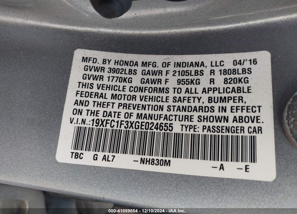 2016 HONDA CIVIC EX-T VIN: 19XFC1F3XGE024655