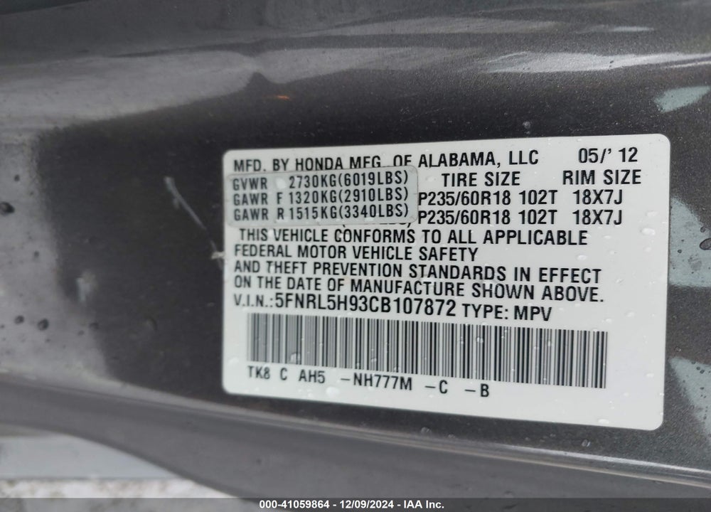 2012 HONDA ODYSSEY TOURING/TOURING ELITE VIN: 5FNRL5H93CB107872