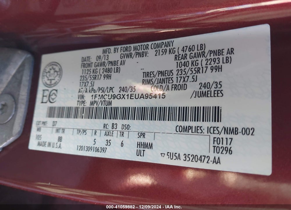 2014 FORD ESCAPE VIN: 1FMCU9GX1EUA95415