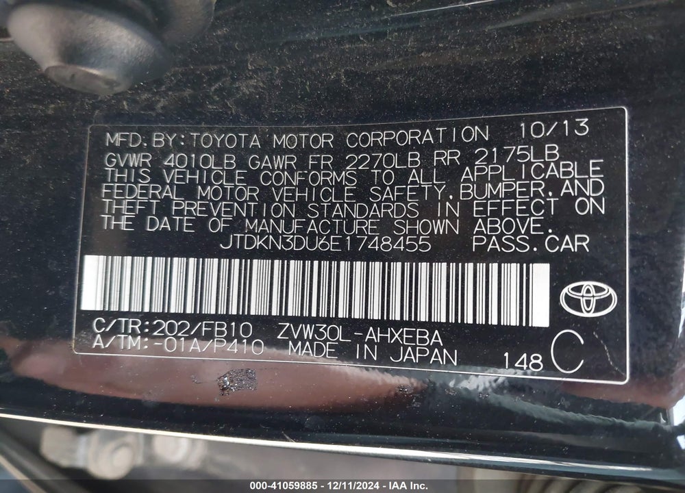 2014 TOYOTA PRIUS TWO VIN: JTDKN3DU6E1748455