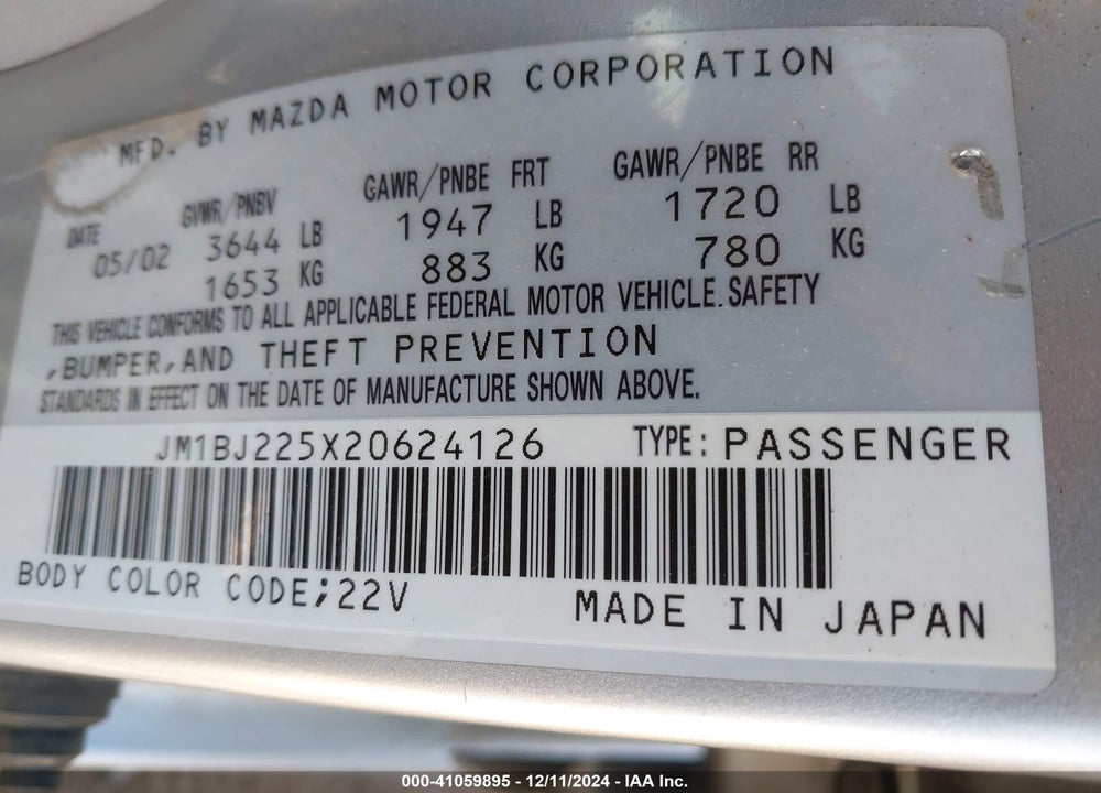 2002 MAZDA PROTEGE DX/ES/LX VIN: JM1BJ225X20624126
