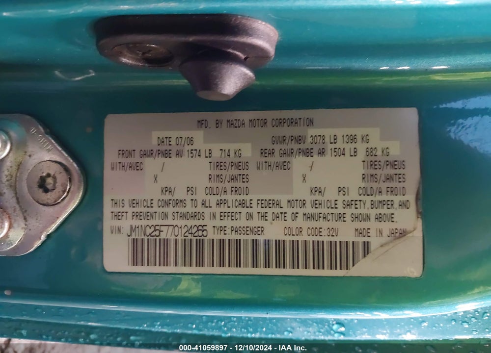 2007 MAZDA MX5 MIATA VIN: JM1NC25F770124265