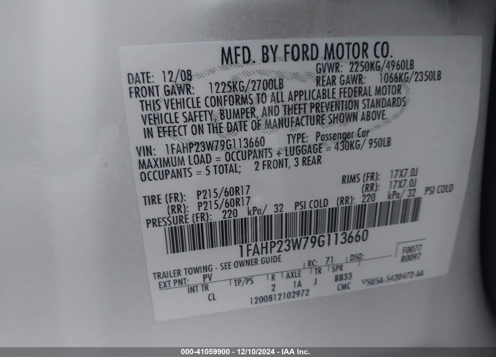 2009 FORD TAURUS SE VIN: 1FAHP23W79G113660