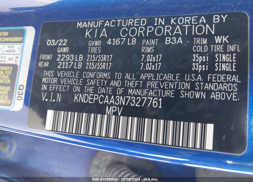 2022 KIA SELTOS LX VIN: KNDEPCAA3N7327761