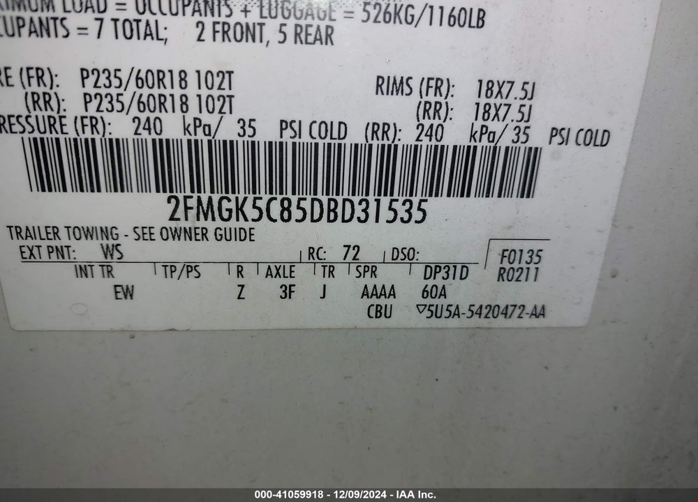 2013 FORD FLEX VIN: 2FMGK5C85DBD31535