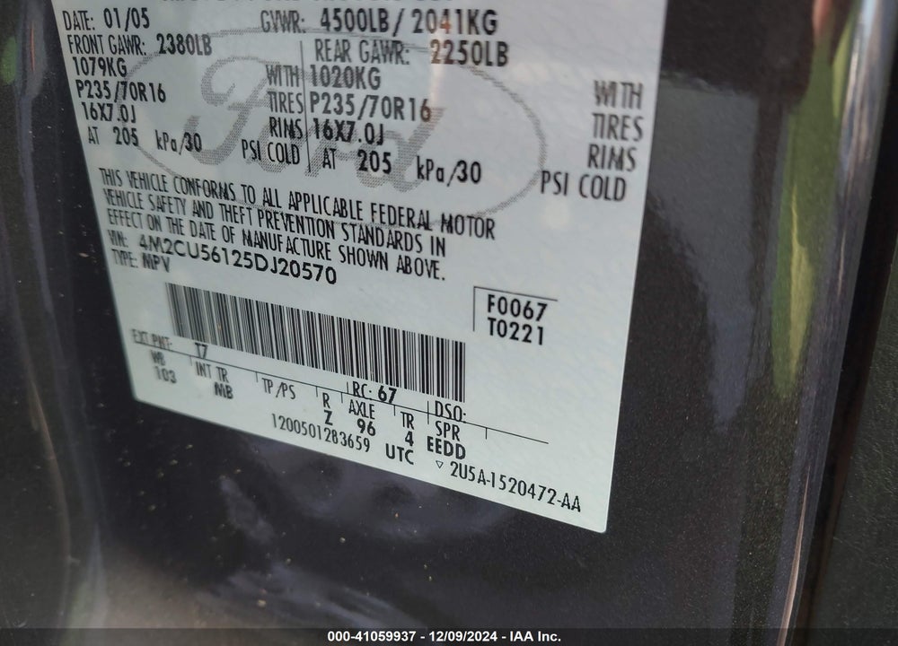 2005 MERCURY MARINER LUXURY/PREMIER VIN: 4M2CU56125DJ20570