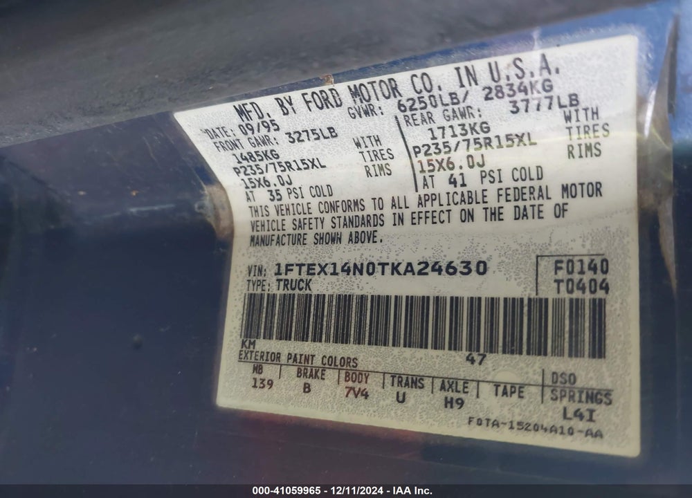 1996 FORD F150 VIN: 1FTEX14N0TKA24630