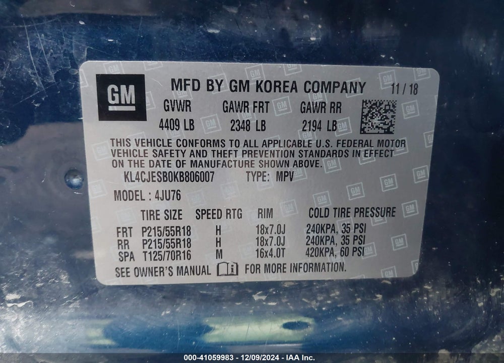 2019 BUICK ENCORE AWD PREFERRED VIN: KL4CJESB0KB806007