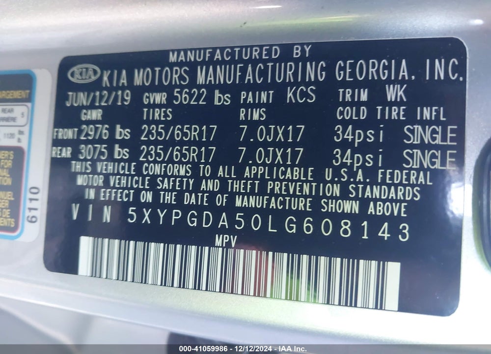2020 KIA SORENTO 3.3L LX VIN: 5XYPGDA50LG608143