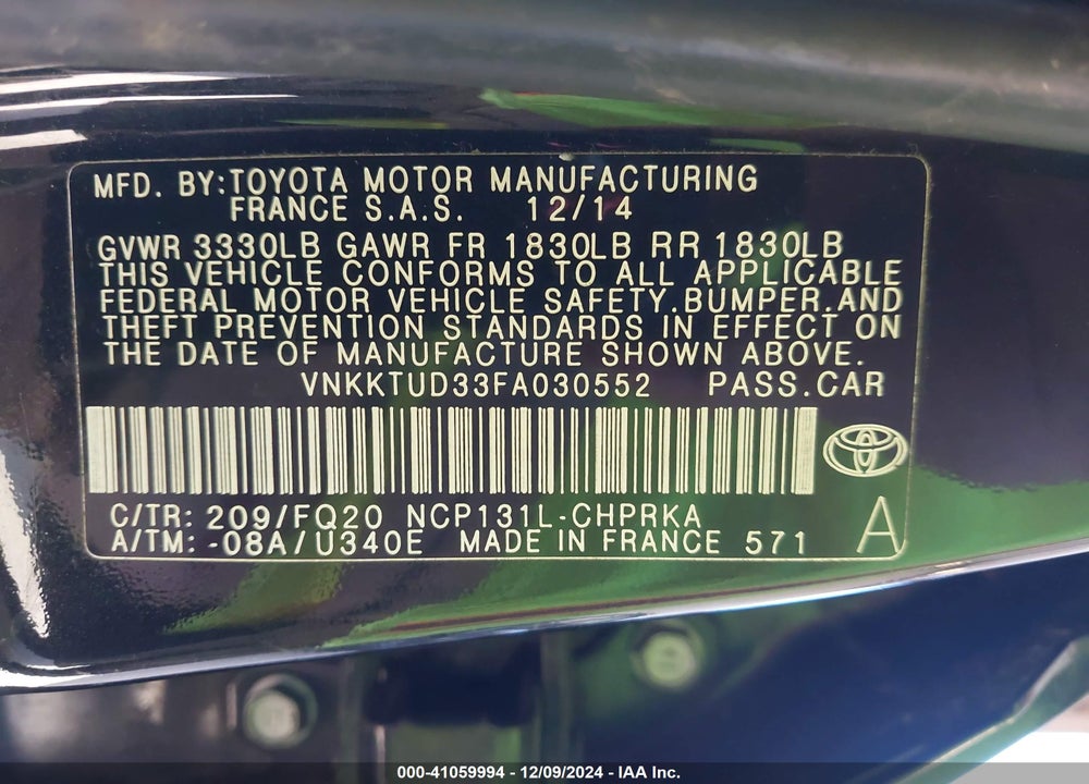 2015 TOYOTA YARIS L VIN: VNKKTUD33FA030552