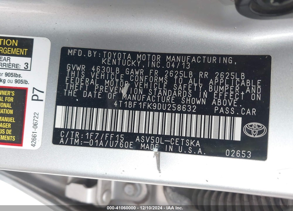 2013 TOYOTA CAMRY SE VIN: 4T1BF1FK9DU258632