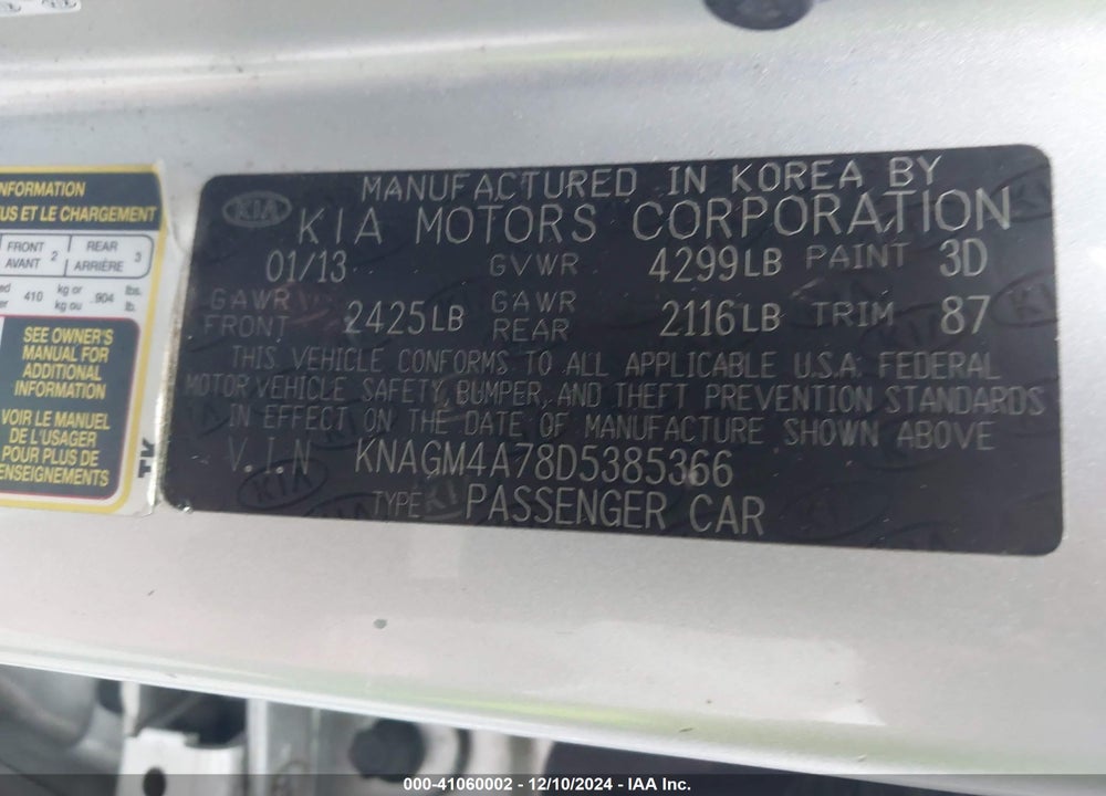 2013 KIA OPTIMA VIN: KNAGM4A78D5385366