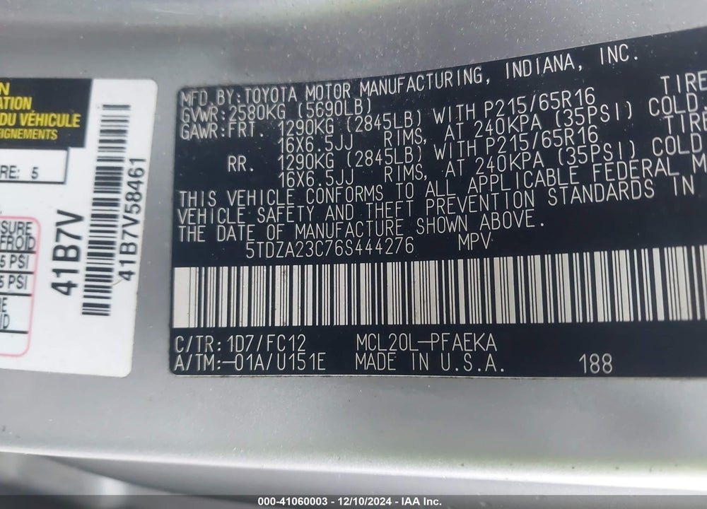 2006 TOYOTA SIENNA LE VIN: 5TDZA23C76S444276