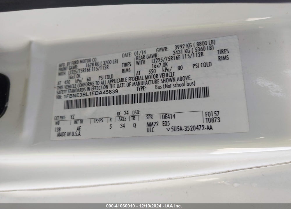 2014 FORD E-350 SUPER DUTY XL VIN: 1FBNE3BL1EDA45839