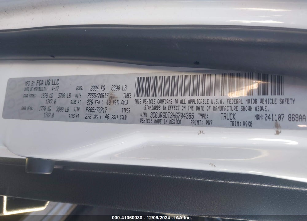 2017 RAM 1500 TRADESMAN 4X2 8' BOX VIN: 3C6JR6DT3HG704385