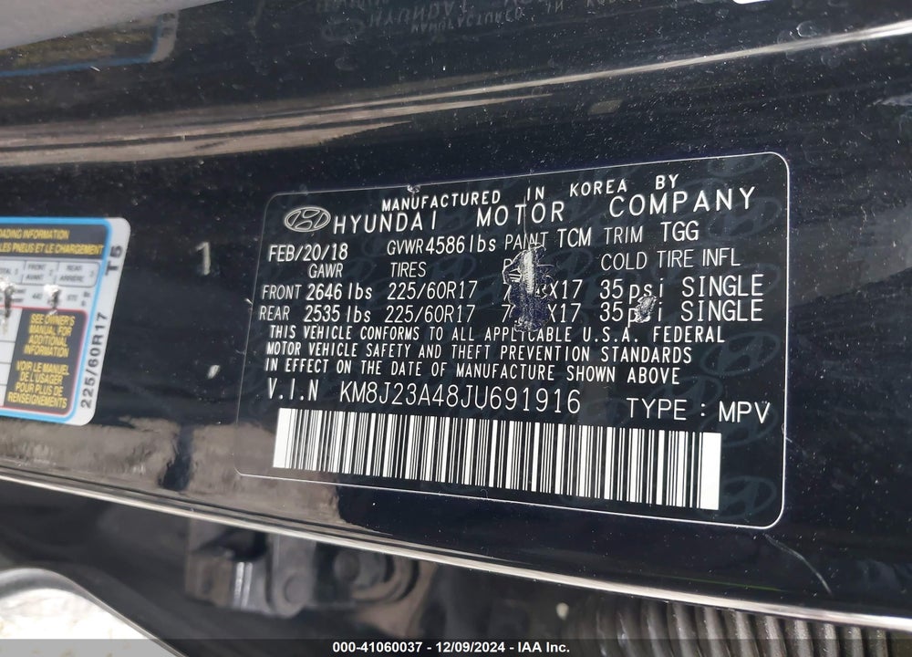 2018 HYUNDAI TUCSON SE VIN: KM8J23A48JU691916