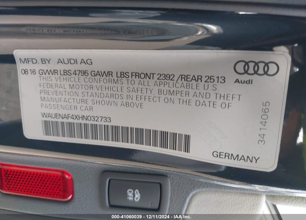 2017 AUDI A4 2.0T PREMIUM VIN: WAUENAF4XHN032733