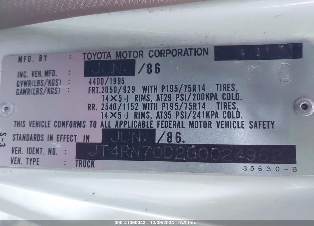1986 TOYOTA PICKUP XTRACAB RN70 DLX VIN: JT4RN70D2G0024962
