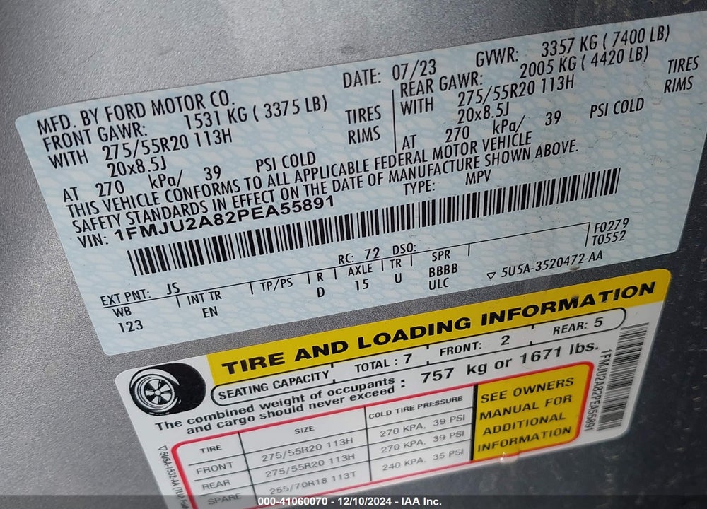 2023 FORD EXPEDITION LIMITED VIN: 1FMJU2A82PEA55891
