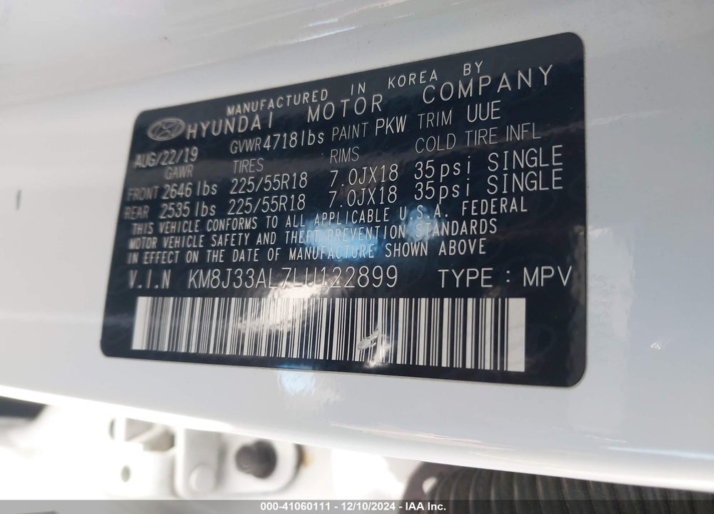 2020 HYUNDAI TUCSON SEL VIN: KM8J33AL7LU122899