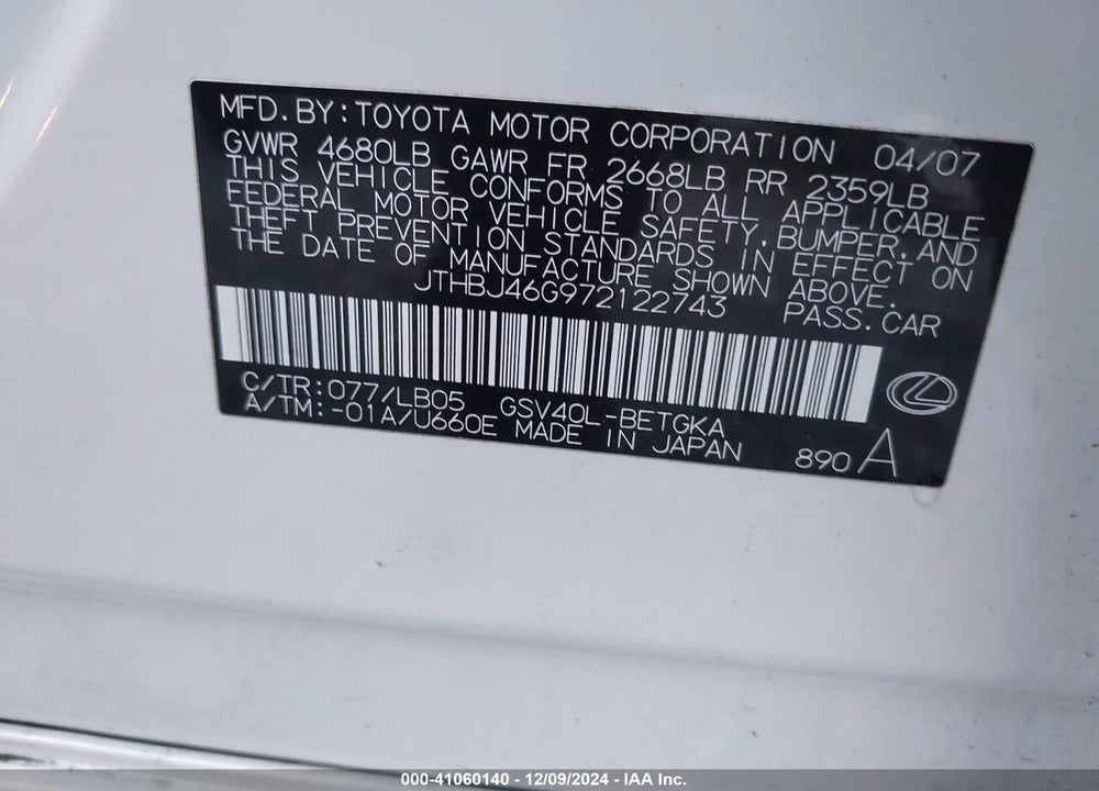 2007 LEXUS ES 350 VIN: JTHBJ46G972122743