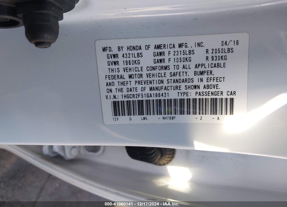 2016 HONDA ACCORD SPORT VIN: 1HGCR2F51GA186431