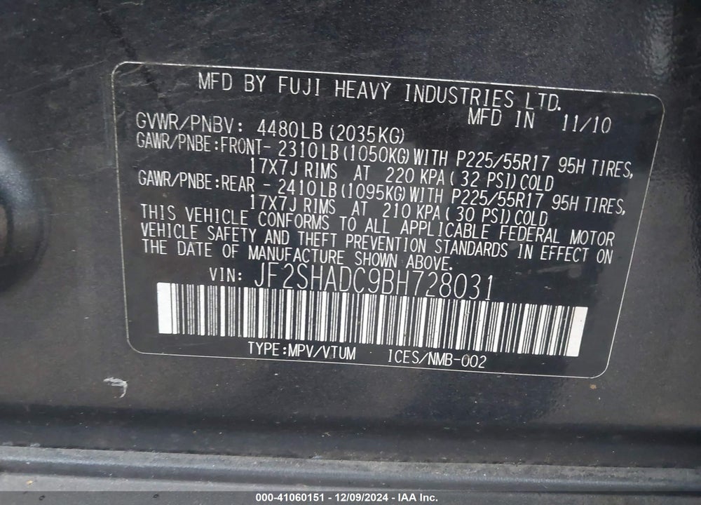2011 SUBARU FORESTER 2.5X PREMIUM VIN: JF2SHADC9BH728031