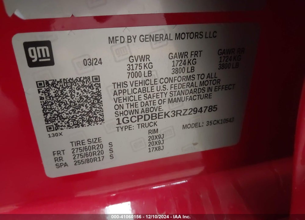 2024 CHEVROLET SILVERADO 1500 4WD SHORT BED CUSTOM VIN: 1GCPDBEK3RZ294785