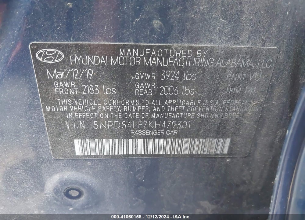 2019 HYUNDAI ELANTRA SEL VIN: 5NPD84LF7KH479301