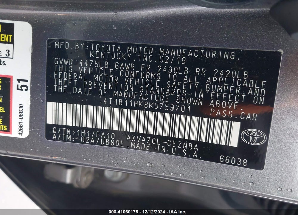 2019 TOYOTA CAMRY LE VIN: 4T1B11HK8KU759701