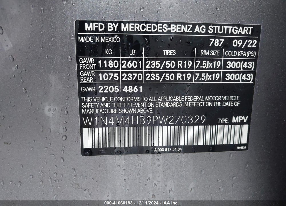 2023 MERCEDES-BENZ GLB 250 4MATIC VIN: W1N4M4HB9PW270329