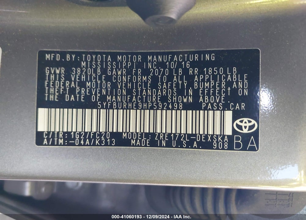 2017 TOYOTA COROLLA SE VIN: 5YFBURHE9HP592498