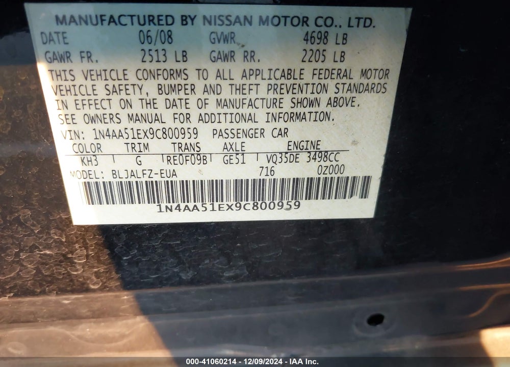 2009 NISSAN MAXIMA 3.5 SV VIN: 1N4AA51EX9C800959
